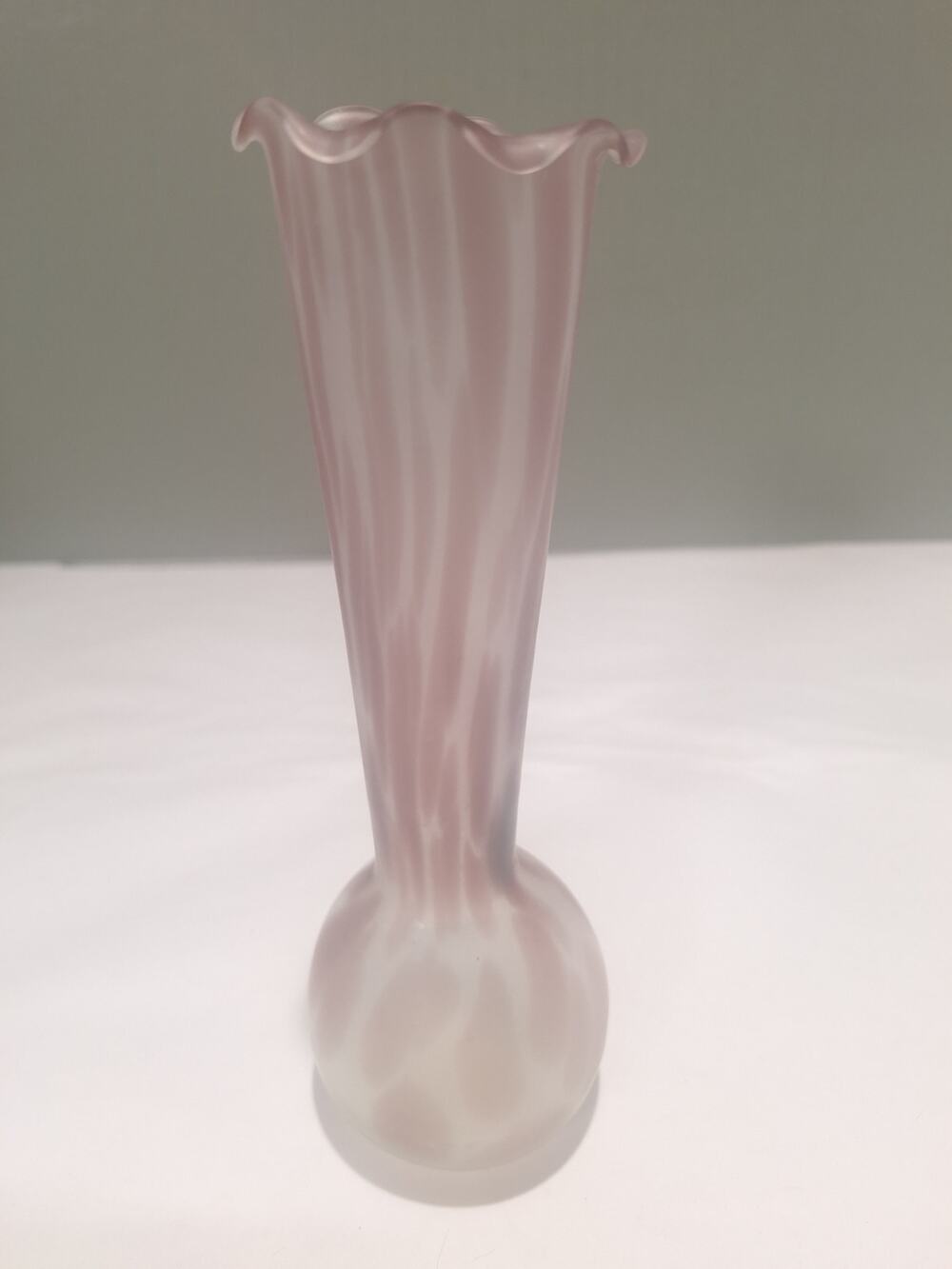 Vintage Pink/Purple Satin Art Glass Bud Vase Ruffled Rim Feather Swirl 8"
